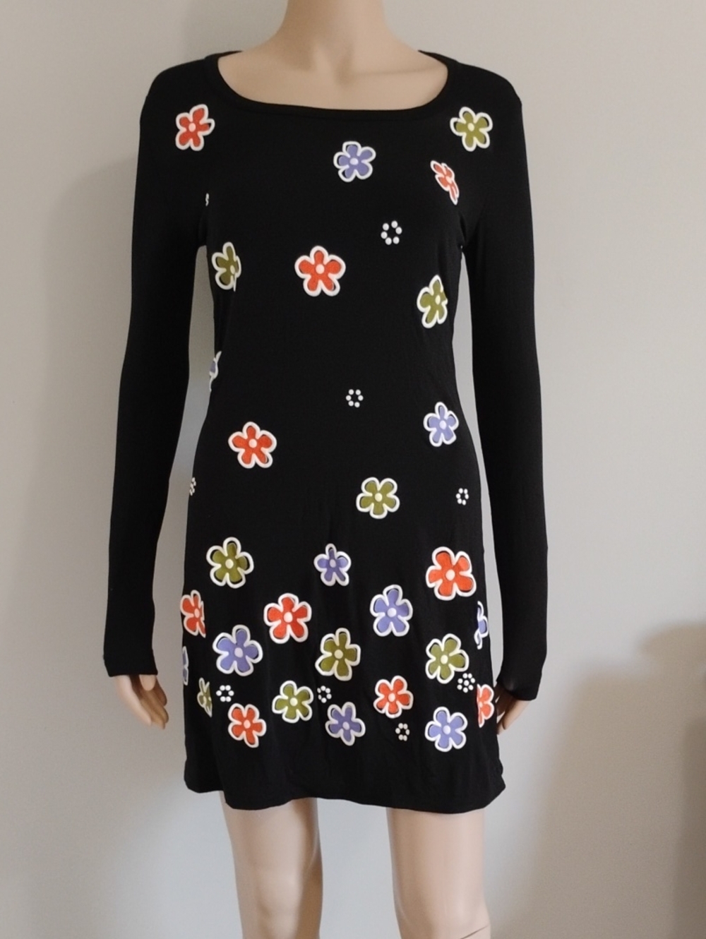 Vtg California Concepts Y2K Floral Bodycon poly Spandex Dress Mini Black S